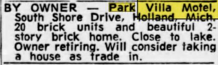 Park Villa Motel - Aug 1966 For Sale (newer photo)